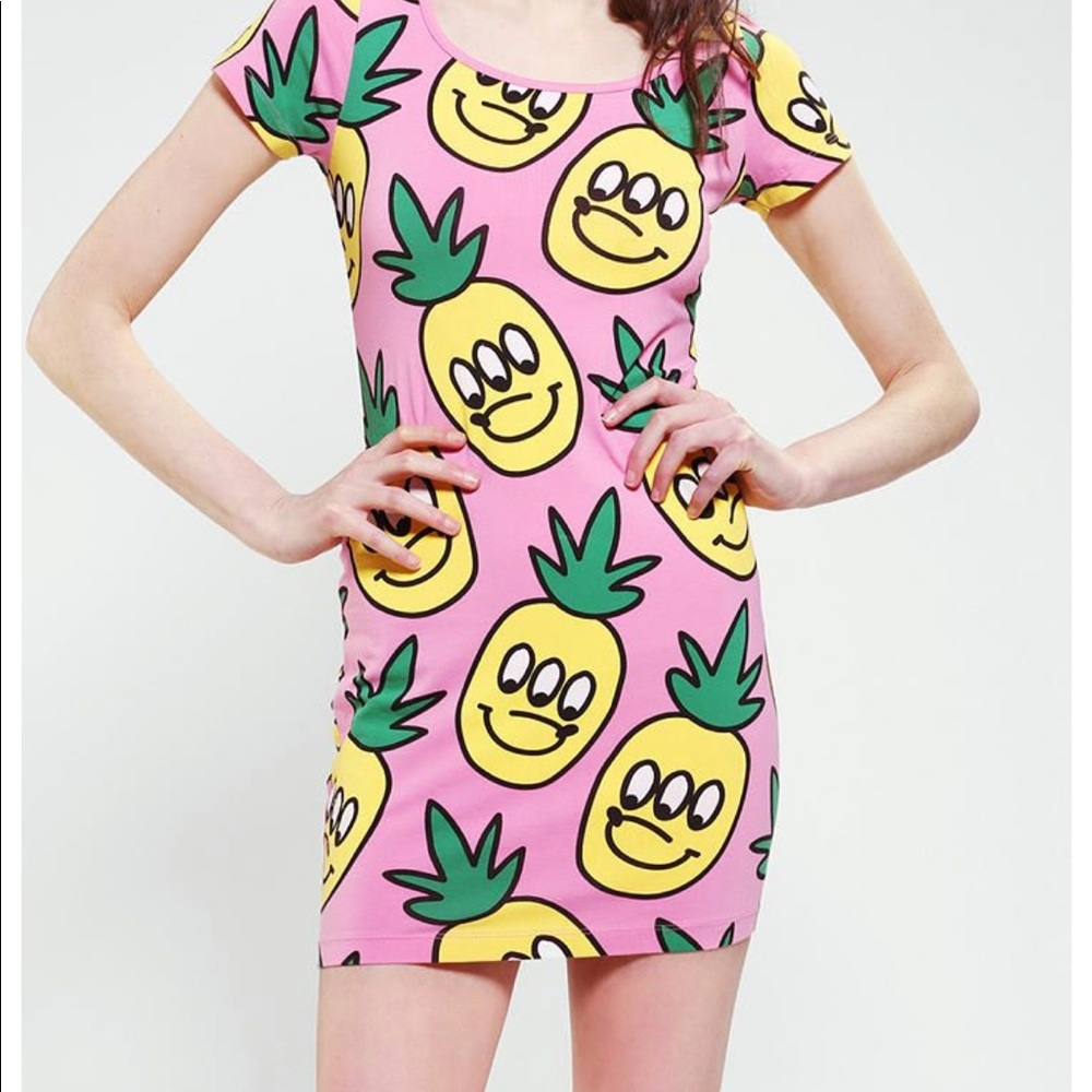 Lazy Oaf Pink Mini Dress w/Pineapples & Smiley Faces Trippy Fun Art Size Small